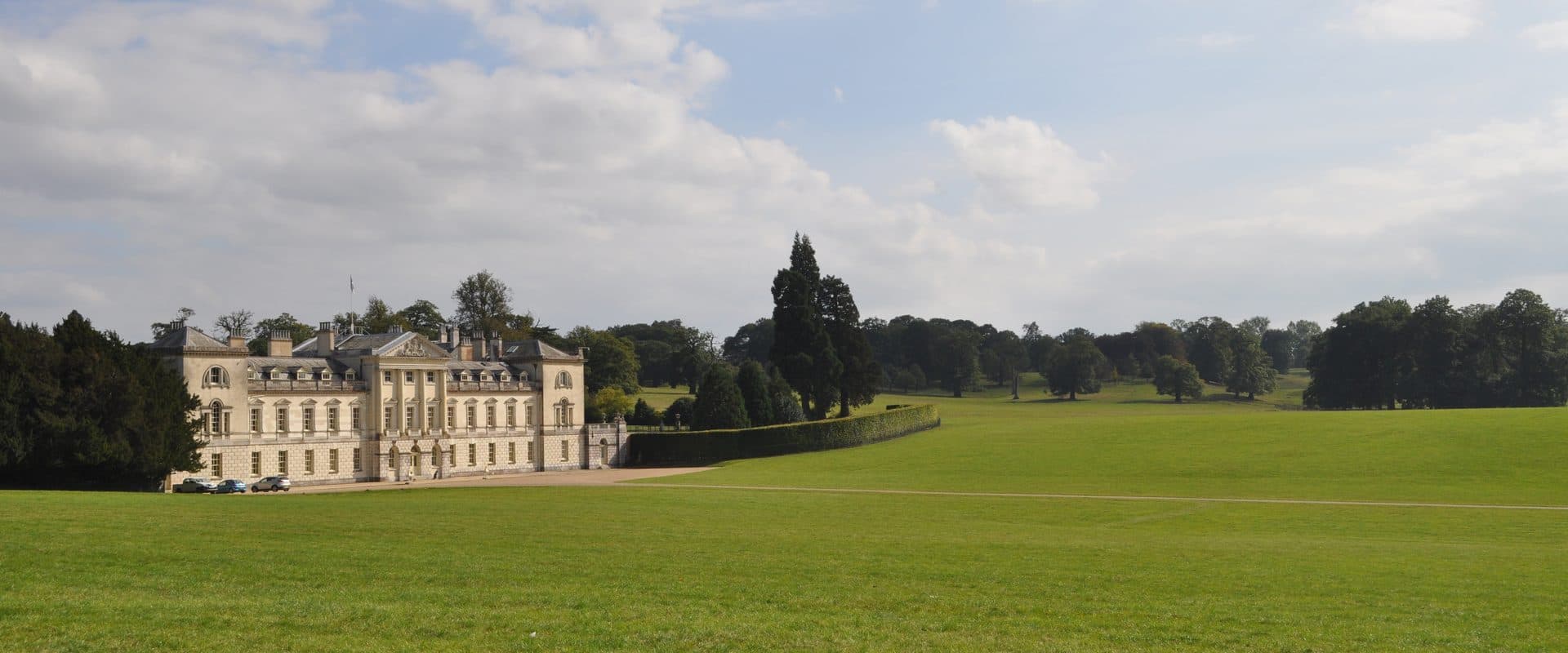 Woburn Abbey, the Palladian country house seat of the Duke of Bedford, seen amidst its parkland