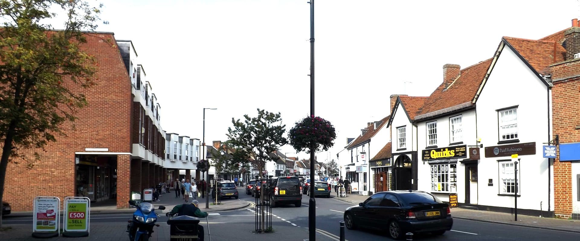 The B1007 High Street in Billericay, showing the town's traditional shopping street