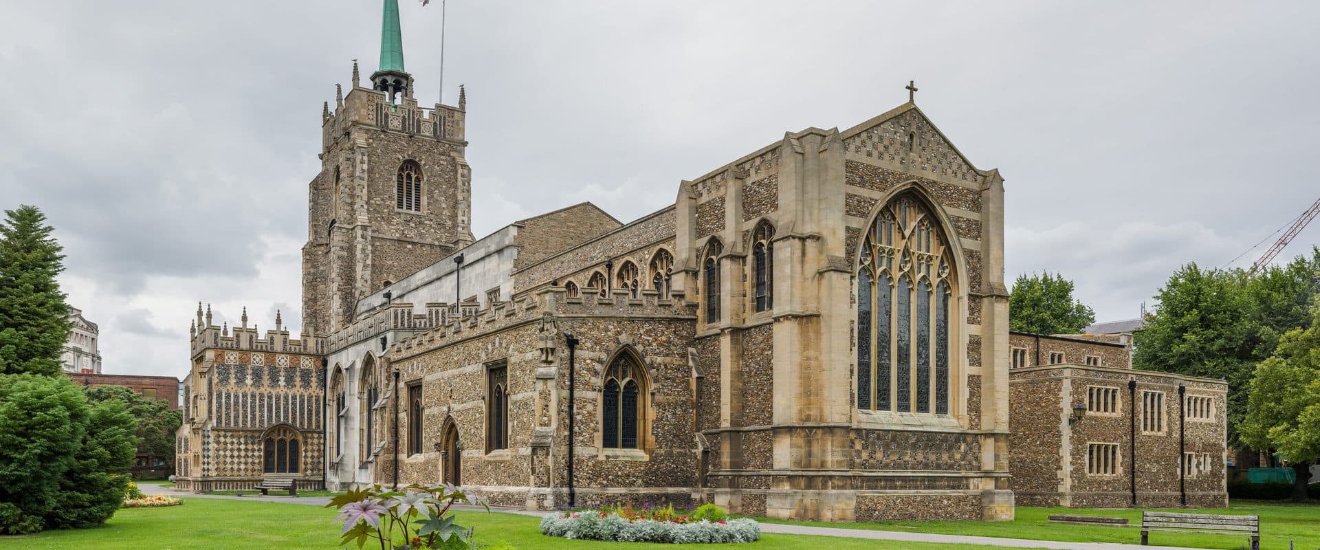 Chelmsford Cathedral viewed from the south-east, its tower and spire rising above the city