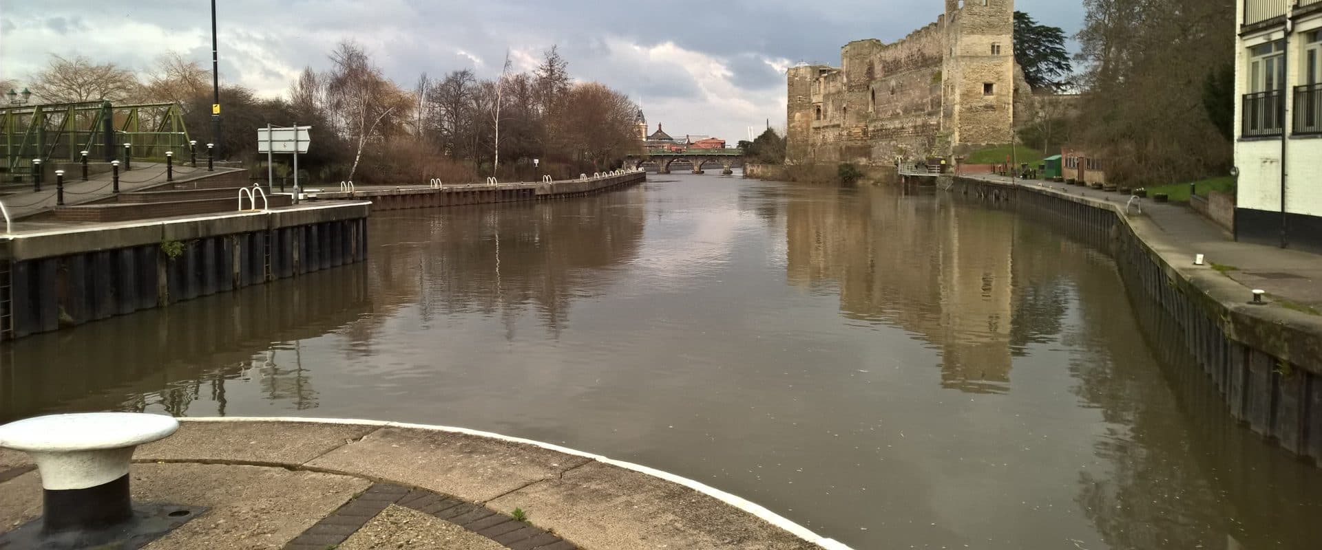 Newark Castle ruins on the banks of the River Trent, viewed from Newark Lock