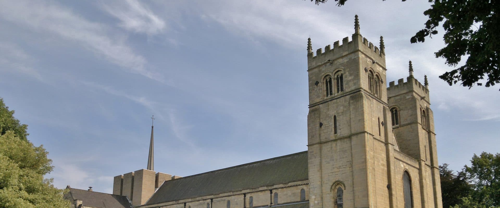 Worksop Priory church, the 12th-century Augustinian priory church, viewed from the surrounding grounds