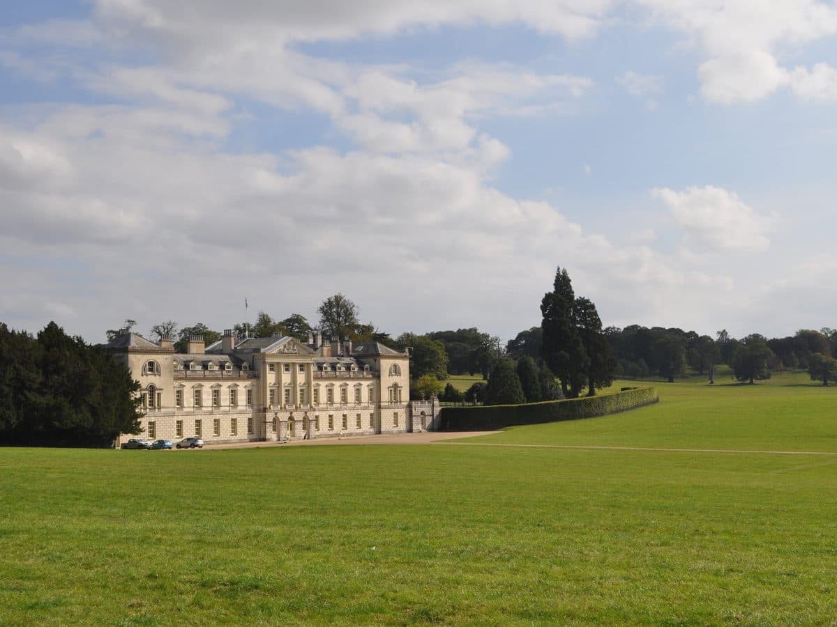 Woburn Abbey, the Palladian country house seat of the Duke of Bedford, seen amidst its parkland