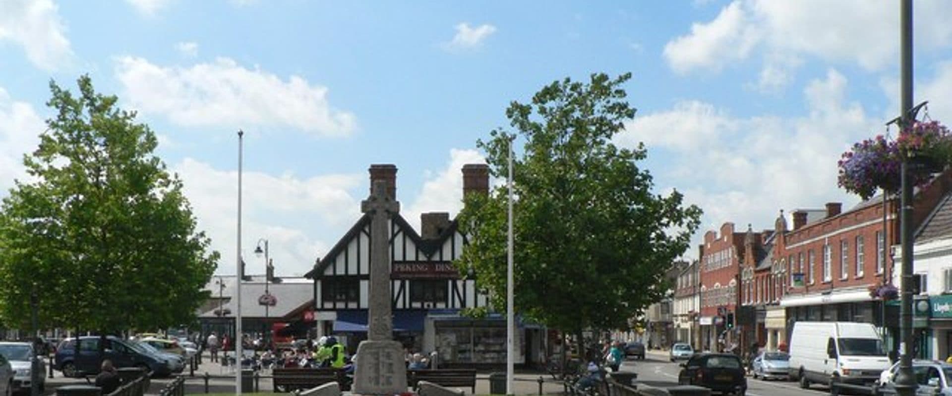 Biggleswade town centre, looking past the war memorial towards the marketplace