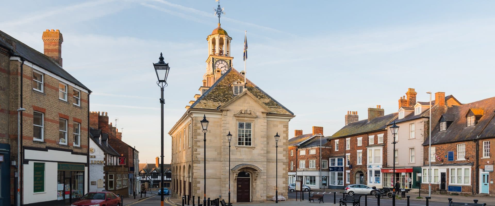 Brackley Town Hall, the Georgian market hall in the Market Place, seen in morning light