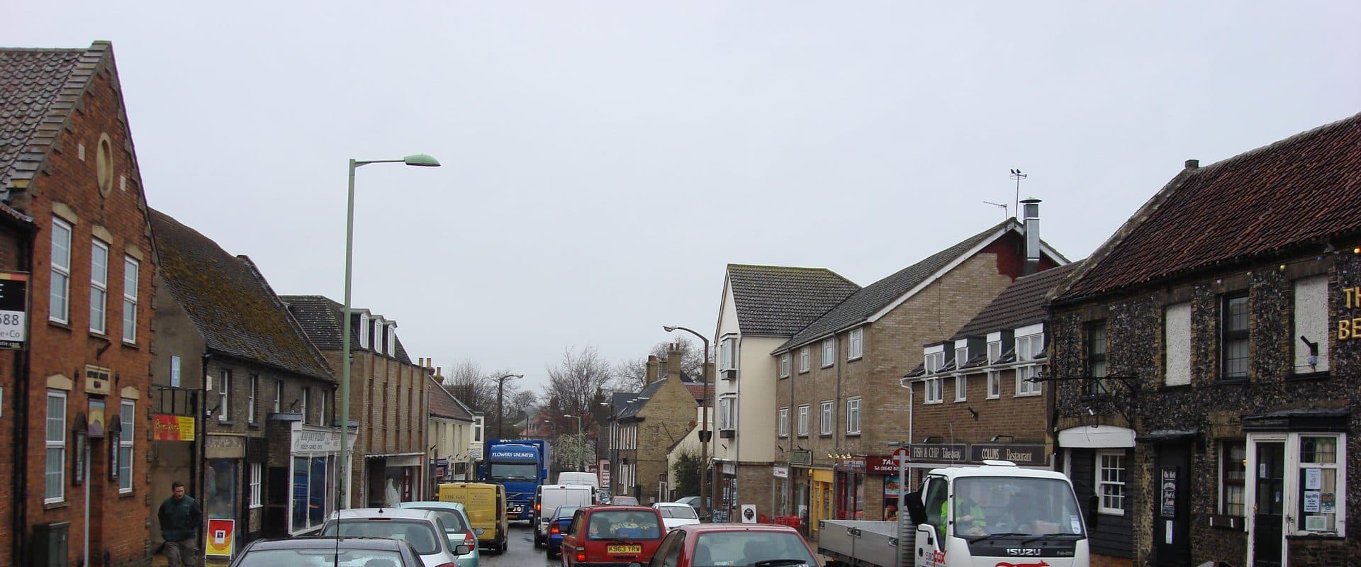 Shops lining Brandon's High Street in the Suffolk Breckland town