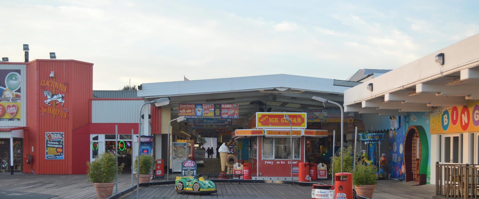 Clacton Pier's amusements area, seen looking back toward the seafront