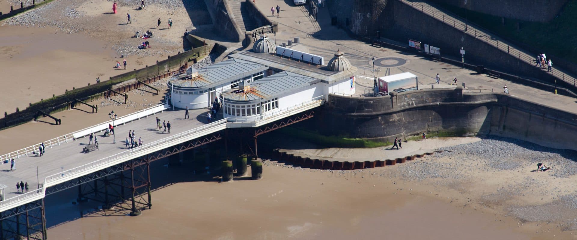 Aerial view of Cromer Pier reaching out into the North Sea