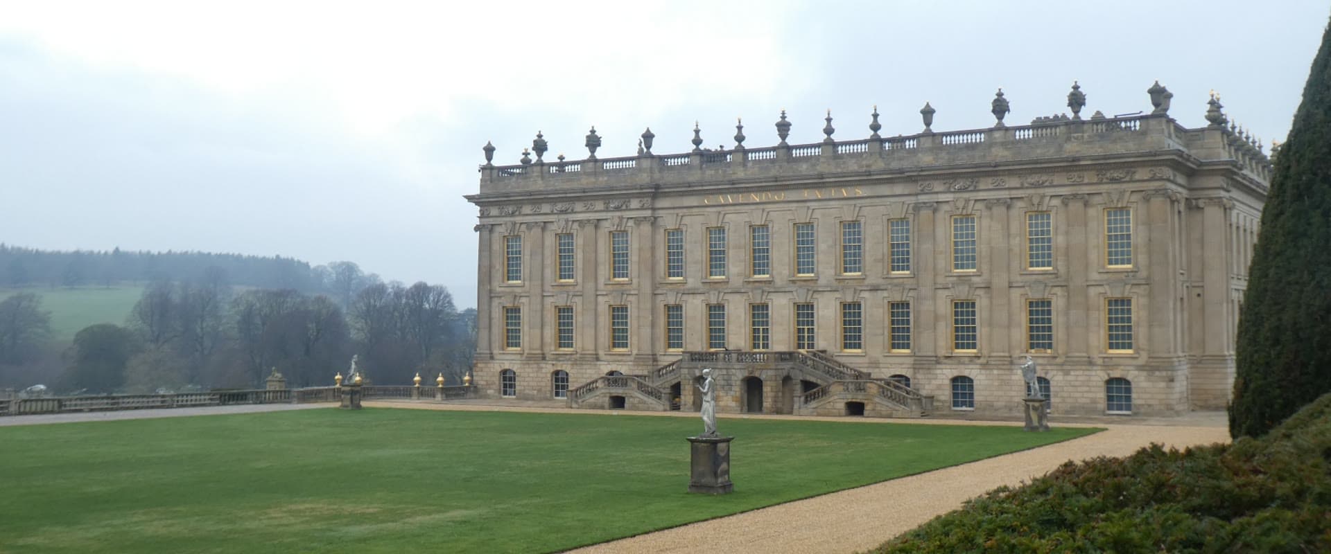 The south facade of Chatsworth House across its lawn