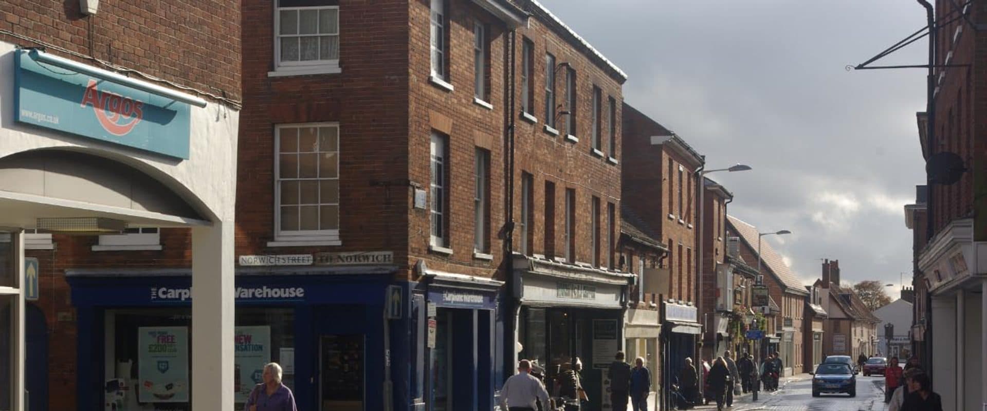 High Street in Dereham, lined with independent shops
