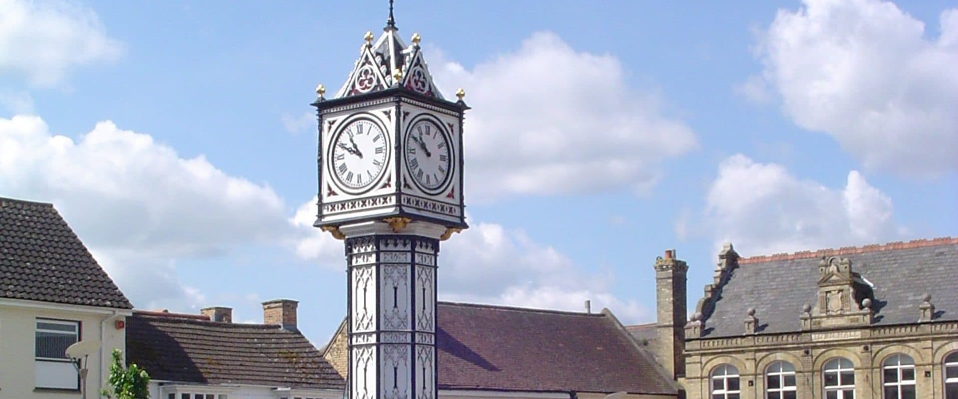 The Victorian clock tower in Downham Market, presented to the town in 1878