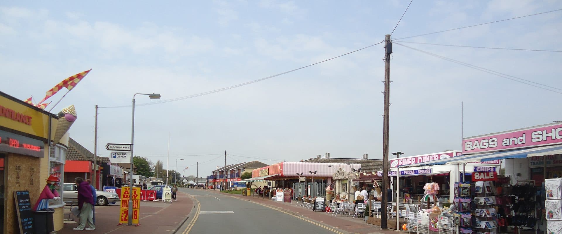 Beach Road in Hemsby, lined with seaside shops and cafes