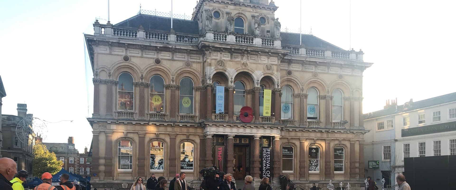 Ipswich's Cornhill square freshly reopened after its 2018 renovation, with Victorian civic buildings framing the paved public space