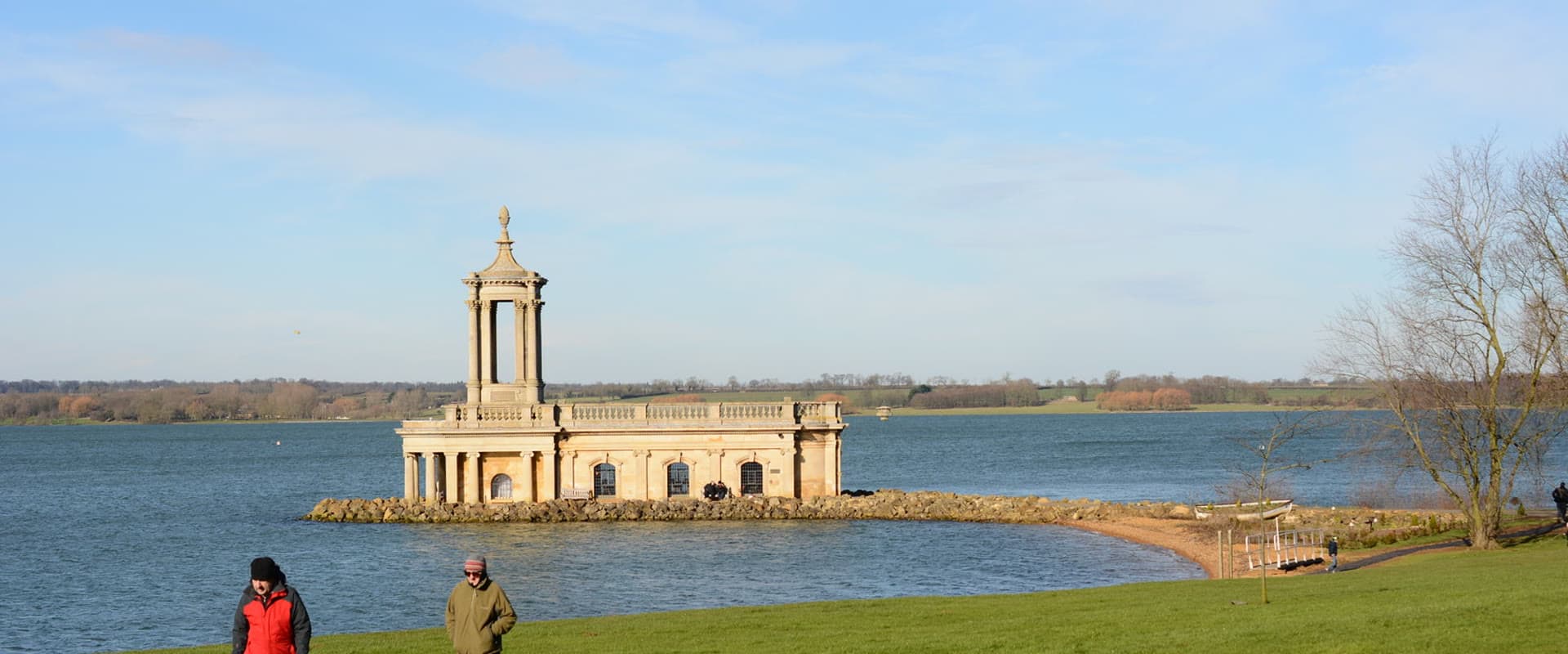 Normanton Church rising from the waters of Rutland Water on a clear day