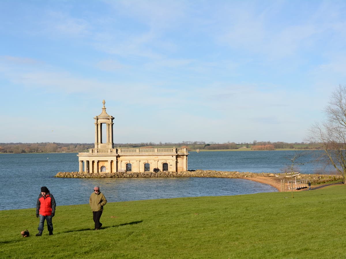 Normanton Church rising from the waters of Rutland Water on a clear day