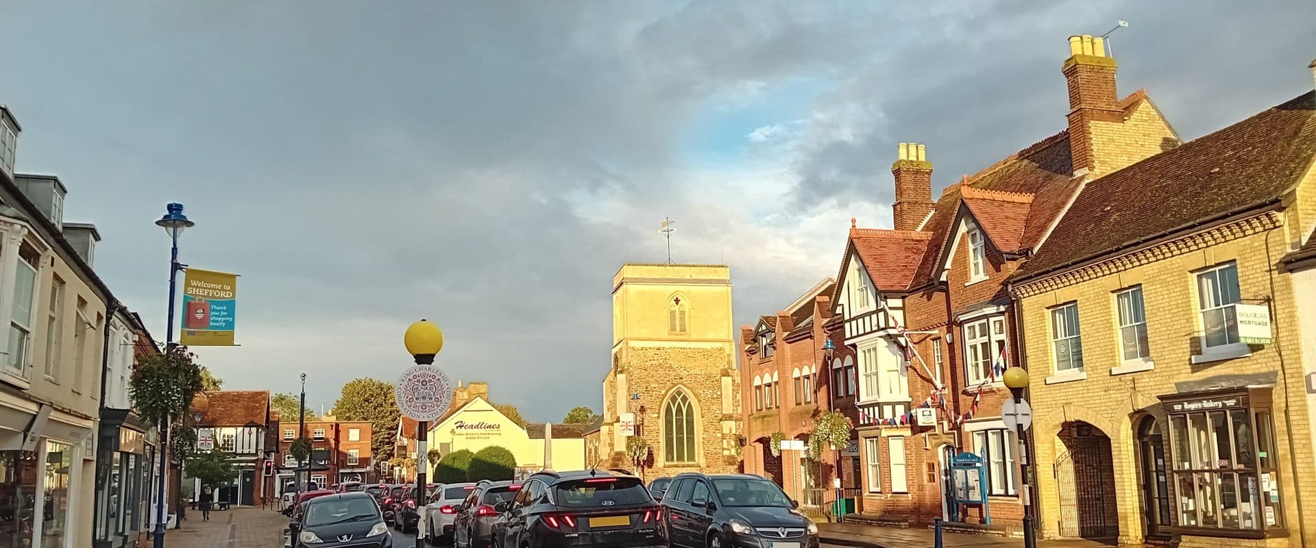 The centre of Shefford, Bedfordshire, looking towards the parish church of St Michael and All Angels