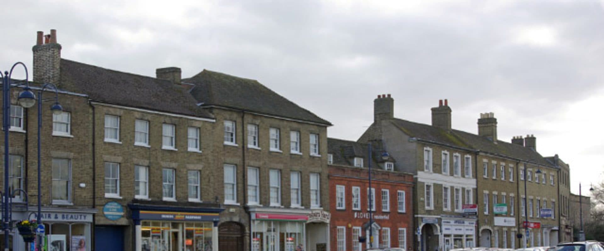 The wide Georgian-fronted Market Square of St Neots, one of the largest market squares in England