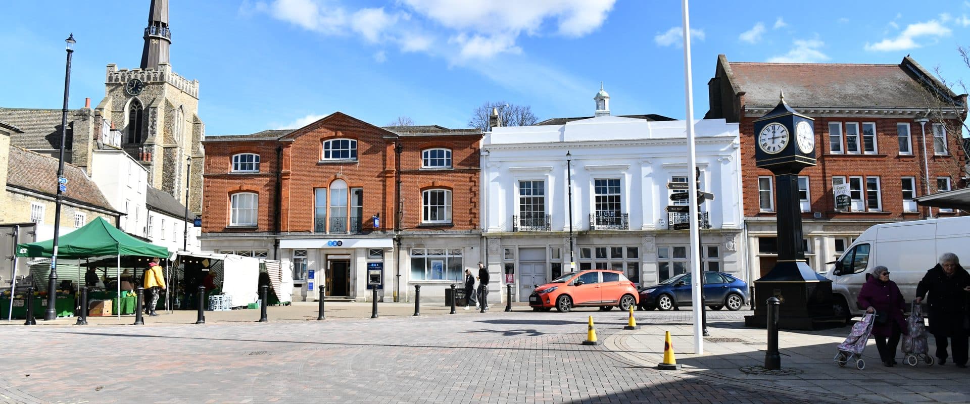 Stowmarket's Market Place lined with period buildings in the town centre